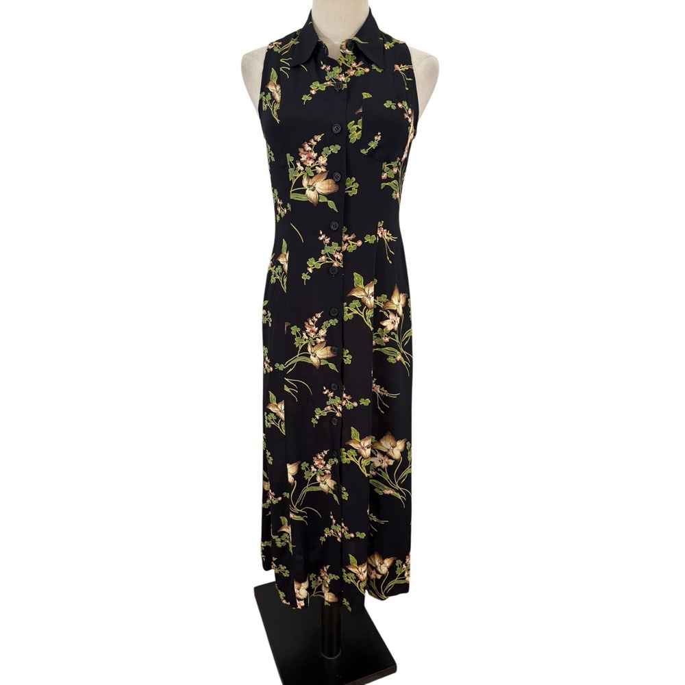 Vtg 90s Karen Kane Button Front Shirt Dress Sleeveless Black Floral Rayon Sz‎ 4